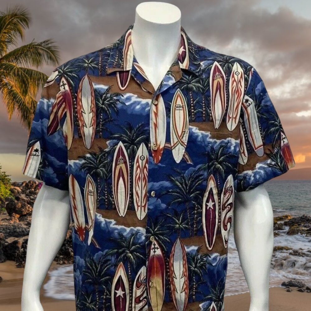 Vintage Authentic RJC Made in Hawaii Hawaiian Camp Shirt Surfboards Palms XL